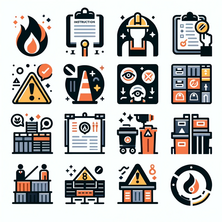 Icon Set mit den 7 Hauptaugaben des Organisatorischen Brandschutz auf Baustellen: 1.Instruktion der ausführenden Firmen hinsichtlich der Brandgefahren: Ein Icon, das eine Flamme kombiniert mit einem Schutzhelm oder einem Megafon, um die Kommunikation von Sicherheitsinformationen zu symbolisieren. 2. Organisation der Arbeit auf der Baustelle ohne erhöhte Brandgefahr: Ein Icon, das Arbeiter zeigt, die mit sicherem Abstand zueinander arbeiten, umgeben von Sicherheitssymbolen wie Feuerlöschern oder Warnschildern. 3.Sicherstellung ausreichenden Platzes für Materialdepots: Ein Icon, das gestapelte Bau-Materialien darstellt, ergänzt um ein Maßband oder ein Symbol, das Freiraum symbolisiert, um den Aspekt des ausreichenden Platzes hervorzuheben. 4. Konsequente Überwachung auf Mängel bei der Brandverhütung: Ein Icon mit einem Auge oder einer Überwachungskamera, die ein Feuerzeichen beobachtet, symbolisiert ständige Wachsamkeit. 5.Überwachung der Einhaltung der Vorgaben zur Abfallentsorgung: Ein Icon, das eine Mülltonne kombiniert mit einem Prüfzeichen oder einem Auge darüber zeigt, um die Überwachung der korrekten Entsorgung zu illustrieren. 6. Organisation der Sicherung der Baustelle nach Arbeitsschluss: Ein Icon, das ein geschlossenes Tor oder eine Kette mit einem Schloss zeigt, symbolisiert die Sicherung der Baustelle. 7. Analyse des baustellenspezifischen Brandrisikos: Ein Icon, das eine Lupe über einem Bauplan mit einem Feuerzeichen zeigt, um die Risikoanalyse darzustellen. Jedes Icon ist so gestaltet, dass es die Kernidee der jeweiligen Aufgabe effektiv kommuniziert, unter Verwendung von Symbolen, die direkt mit dem Bauwesen und der Brandsicherheit assoziiert werden.